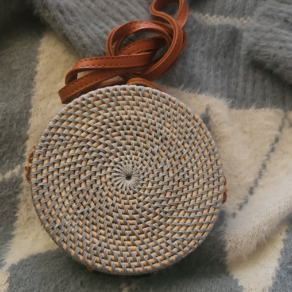 Round Woven Gray and Tan Crossbody Bag
